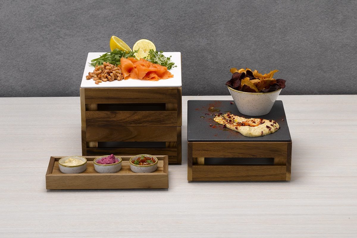 BUFFETSCAPE MELAMINE TRAYS WOOD BOWL STAND